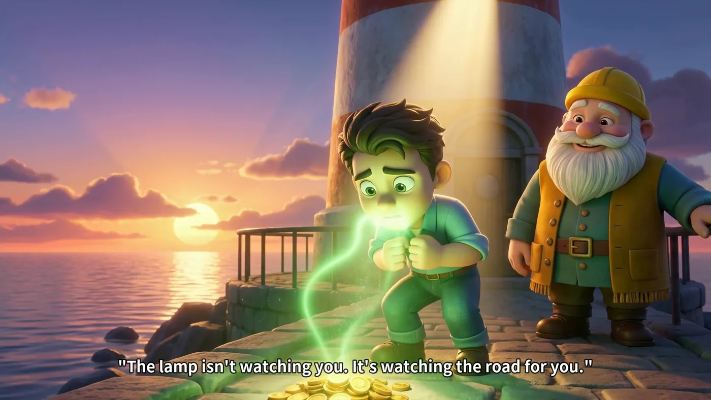 The harbor lamp turning green over Kyus's savings while Beacon watches