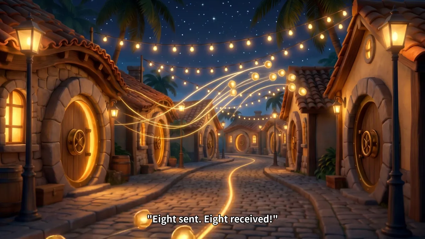 Eight orbs of light flying the meridian lines over a lamplit street on payday