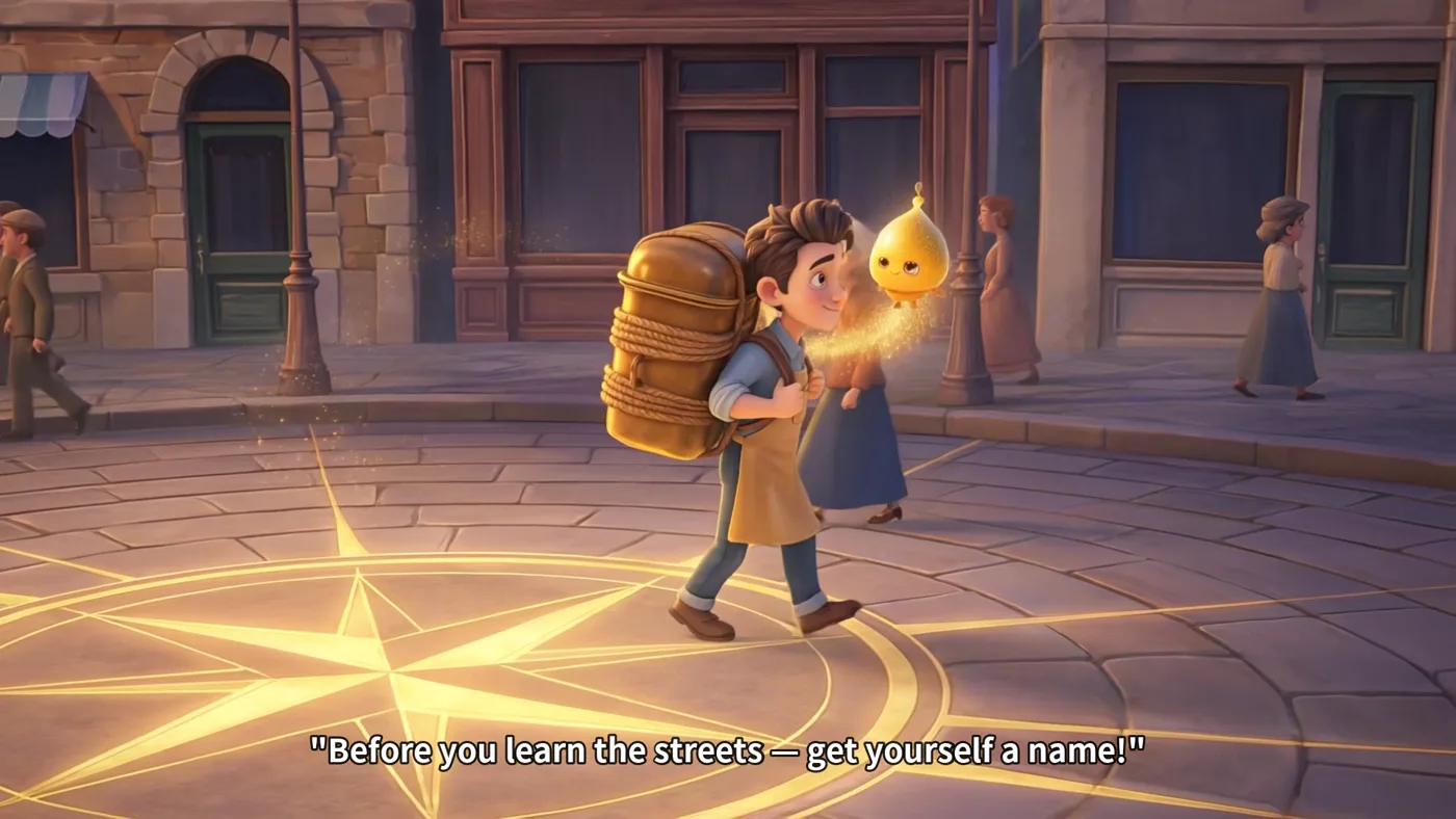 Kyus arriving in Compass Square with his grandfather's pan, greeted by Meri